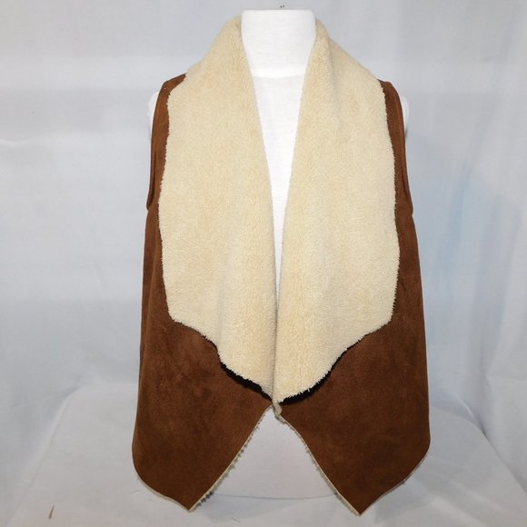 Chaps Petite Womens Medium Faux Brown Suede Shearling Open Vest - Picture 1 of 8